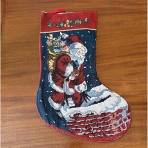 Vintage Tapestry Christmas Stocking Santa on Chimney – 18" – Handmade Red‎ Back